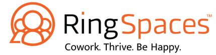 The image displays the logo for "RingSpaces," a coworking space. It features a minimalistic orange and white icon of three stylized figures in a circular formation, symbolizing collaboration. The text "RingSpaces" is written with "Ring" in black and "Spaces" in orange, followed by the tagline: "Cowork. Thrive. Be Happy."