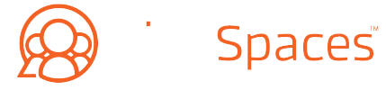 The image displays a logo consisting of three stylized figures in a circular arrangement, symbolizing community or collaboration, accompanied by the word "Spaces™" in orange text. The design conveys themes of connection and shared spaces.