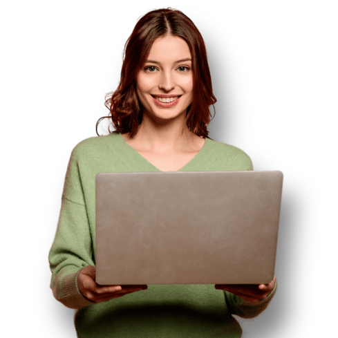 The image features a woman holding a laptop, smiling confidently. She is wearing a green sweater and is set against a plain white background. The image likely represents a professional or welcoming aspect of the RingSpaces Coworking environment in Fredericksburg, emphasizing productivity and approachability.