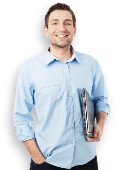 The image features a smiling man wearing a light blue button-up shirt, holding a closed laptop in his right hand. He has a confident and approachable demeanor, suggesting a professional or collaborative environment, potentially representing a coworking space like RingSpaces.