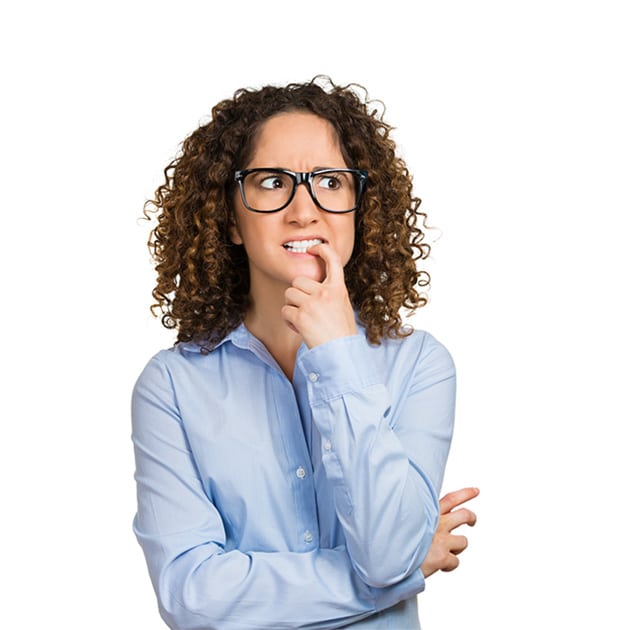 The image shows a young woman with curly hair wearing glasses and a light blue shirt, appearing uncertain or anxious, with her hand near her mouth in a thoughtful gesture. This visual may convey the feeling of stress or worry associated with planning an event, aligning with the message that hosting a private event shouldn't be difficult.