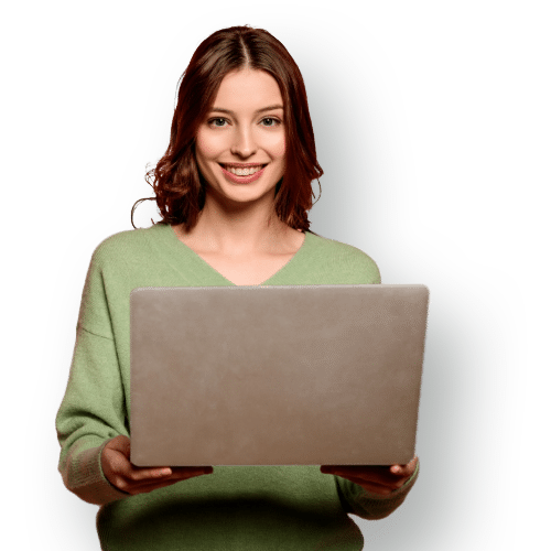 The image features a smiling woman holding a laptop, symbolizing productivity and a positive work environment. It aligns with the theme "Three Steps to Working Happy" at RingSpaces of Fredericksburg Coworking, emphasizing the workspace's focus on providing a professional and enjoyable setting for individuals to thrive.