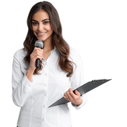 The image features a confident woman in a white shirt holding a microphone and a clipboard, suggesting she is a host, presenter, or speaker. Her welcoming expression conveys professionalism and approachability, making her suitable for events, presentations, or public speaking engagements.